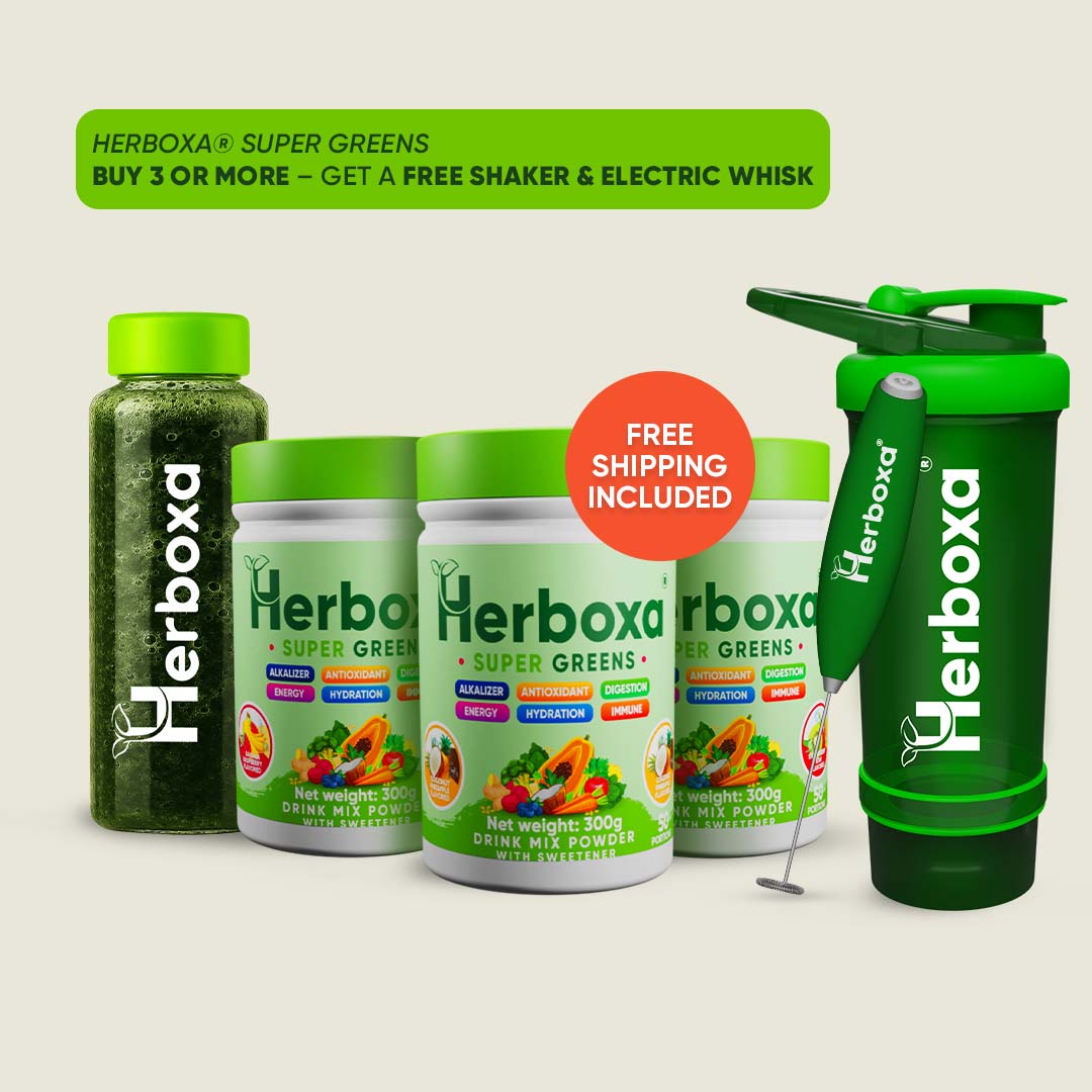 Herboxa Super Greens powder with peach flavor, supports hydration, immunity, energy, and digestion.