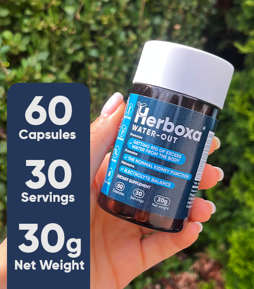 Herboxa Water-Out. 60 caupsules. 30 servings. 30g net weight.